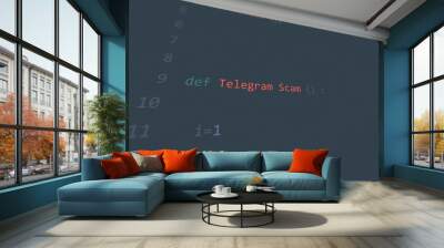 Cyber attack telegram scam vunerability in text ascii art style, code on editor screen. Wall mural