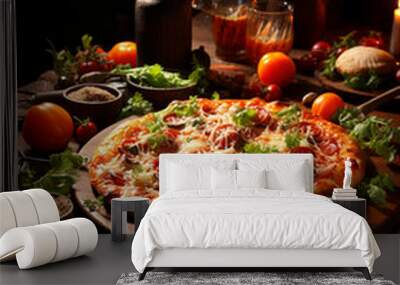 Italian Pizza fresh Food ingredients and spices for cooking  on black background Elegant atmosphere and rustic charm brick oven mediterran restaurant Wall mural