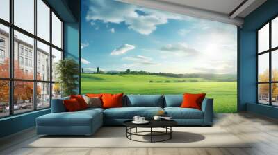 Sunny landscape with green field and clear blue sky. Beautiful panoramic natural landscape. Generative AI. Wall mural