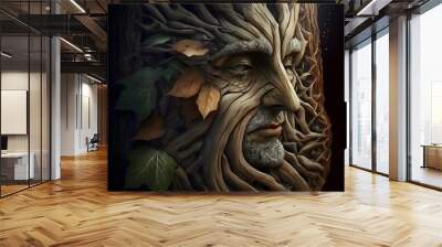 A whimsical and unique illustration of a human face composed of intertwining branches, resembling a tree Wall mural