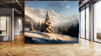 Beautiful winter landscape with mountains in the background Wall mural