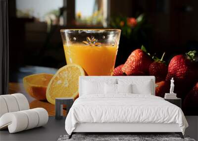 orange juice and strawberries on the wooden table for breakfast  Wall mural