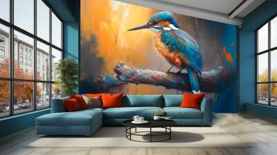 This realistic painting illustration, depicts a hummingbird perched on a branch. The vibrant colors and intricate details make it come to life, giving the viewer a sense of serenity and beauty Wall mural