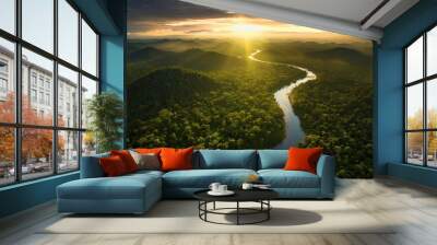 Aerial view of the Amazonas jungle landscape with river bend Wall mural