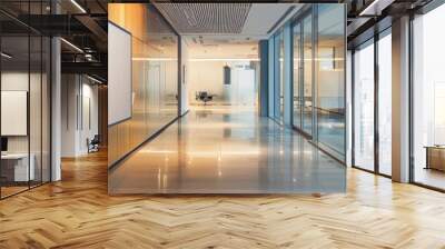 Modern glass, metal, and stone office interior mockup frame in background. Empty frame on wall Wall mural