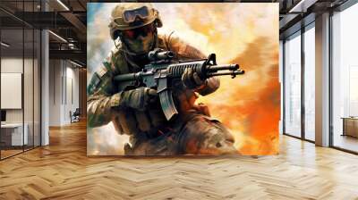 Modern soldier surrounded by flames and smoke. Generative AI 6 Wall mural