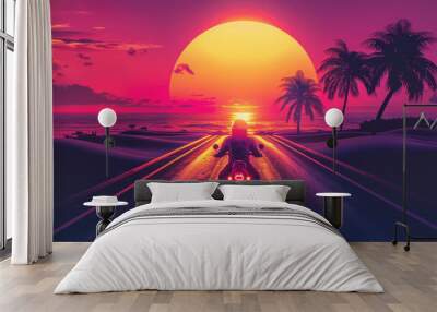 Summer vibes 80s style illustration with a biker driving into sunset Wall mural