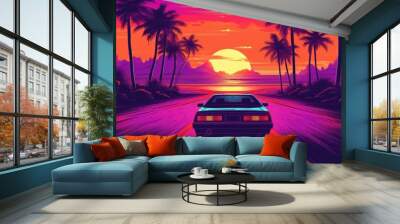 Summer vibes 80s style illustration with car driving into sunset. Generative AI 2 Wall mural