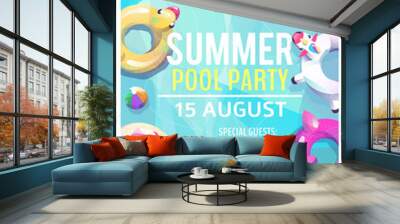 Concept in flat style. Summer pool party poster. Many circles float in pool or sea. Vector illustration. Wall mural