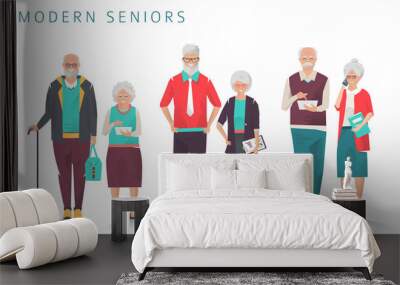 Set of modern senior business people with different gadgets. Old progressive people use modern technology. Vector illustration. Wall mural