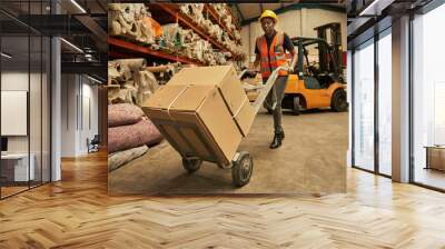 African female warehouse worker moving boxes with a dolly Wall mural