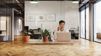 asian businessman sitting in an office talking on his cellphone Wall mural