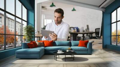 Young businessman sitting at his desk using a digital tablet Wall mural