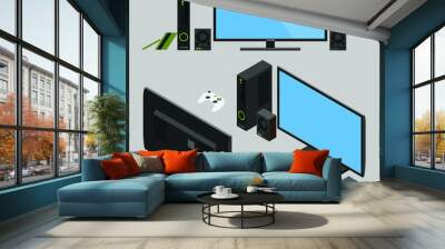 Isometric Illustration of Black Modern LED TV with remote control and Game Console with wireless gamepad flat design;  Wall mural