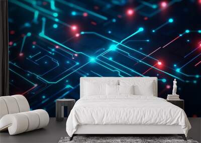 A futuristic network hub, with digital data streams, circuit board patterns, and glowing nodes. Wall mural