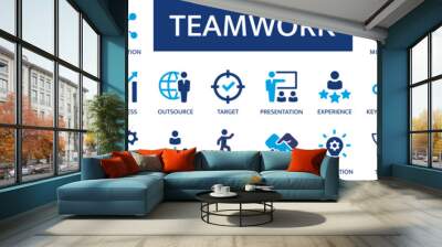 Business teamwork icon set. Human resources, work group, team. Flat icons collection. Wall mural