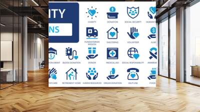 Charity and donation icon collection. Volunteer help, financial support, lonoring and care etc. Solid icons set. Wall mural