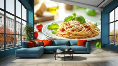 Classic Italian Pasta Dish with Rich Tomato Sauce Fresh Basil and Parmesan Cheese Capturing the Essence of Traditional Italian Cuisine Perfect for Gourmet Food Photography Wall mural