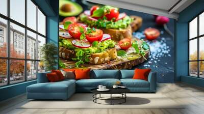 Fresh Avocado Toast with Cherry Tomatoes and Radish on Sourdough Bread, Perfect for a Healthy Breakfast or Brunch, Vibrant and Delicious, Ideal for Gourmet Food Photography Wall mural