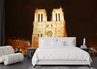 Digital painting style representing Notre Dame Cathedral in Paris during an autumn evening Wall mural