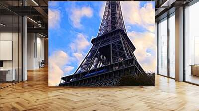 Digital painting style representing the Eiffel Tower seen from below on an autumn afternoon Wall mural