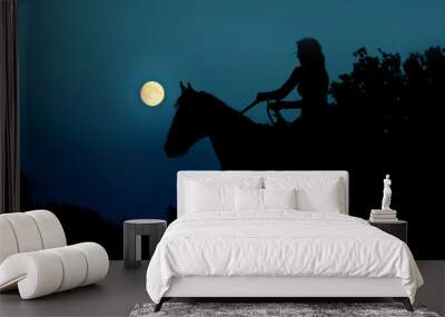 Full moon with silhouette of horse rider night sky, horror concept in Fantasy World. Horseback  riding, woman under nature moon. Atmosphere moonlight landscape background for halloweens nightmare Wall mural