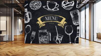 Restaurant menu design. Vector menu brochure template for cafe, coffee house, restaurant, bar. Food and drinks logotype symbol design. With a sketch pictures Wall mural