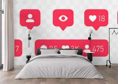 Like social network icons. Like, thumb up and heart collection. Buton for social media. Follower notification symbol. Wall mural