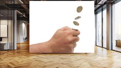 Making choice: hand throwing up a coin, isolated on white background with clipping path Wall mural