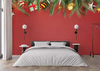 Merry Christmas and Happy New Year Holiday. Xmas design with realistic vector 3d objects, golden christmass ball. Wall mural