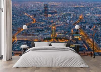 Panorama of Paris in the evening from the height of bird flight at sunset Wall mural