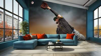 Professional baseball player in action on grand arena in evening during a game. Wall mural