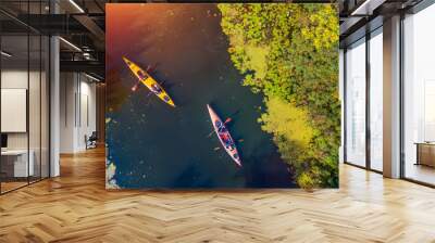 Aerial drone bird's eye view photo of Happy family with two kids enjoying kayak ride on beautiful river. Little boy and teenager girl kayaking on hot summer day. Water sport fun. Wall mural