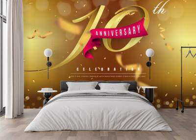 10 years anniversary logo template on gold background. 10th celebrating golden numbers with red ribbon vector and confetti isolated design elements Wall mural