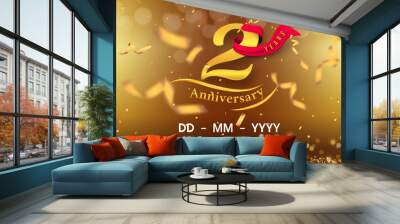 2 years anniversary logo template on gold background. 2nd celebrating golden numbers with red ribbon vector and confetti isolated design elements Wall mural