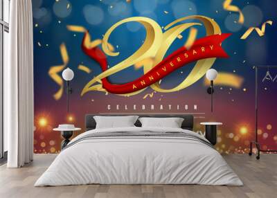 20 years anniversary logo template on gold and blue background. 20th celebrating golden numbers with red ribbon vector and confetti isolated design elements Wall mural