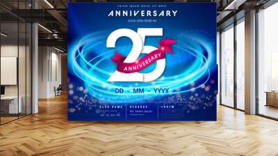 25 years anniversary logo template on dark blue Abstract futuristic space background. 25th modern technology design celebrating numbers with Hi-tech network digital technology concept design elements. Wall mural