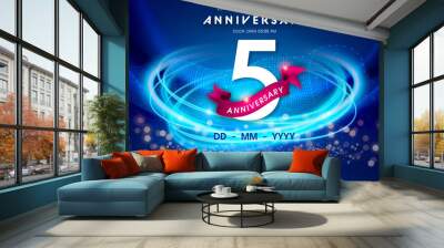 5 years anniversary logo template on dark blue Abstract futuristic space background. 5th modern technology design celebrating numbers with Hi-tech network digital technology concept design elements. Wall mural