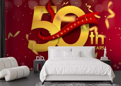 50 years anniversary logo template on gold background. 50th celebrating golden numbers with red ribbon vector and confetti isolated design elements Wall mural