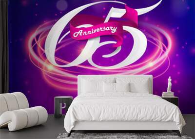 65 years anniversary logo template on purple Abstract futuristic space background. 65th modern technology design celebrating numbers with Hi-tech network digital technology concept design elements. Wall mural