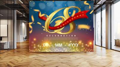 68 years anniversary logo template on gold and blue background. 68th celebrating golden numbers with red ribbon vector and confetti isolated design elements Wall mural