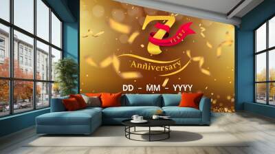 7 years anniversary logo template on gold background. 7th celebrating golden numbers with red ribbon vector and confetti isolated design elements Wall mural