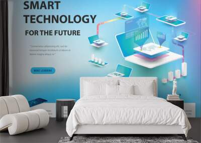 Concept of big data processing, energy station of future, data center, Cryptocurrency and blockchain isometric composition Smart object and smart technology design. for working on blockchain start up. Wall mural