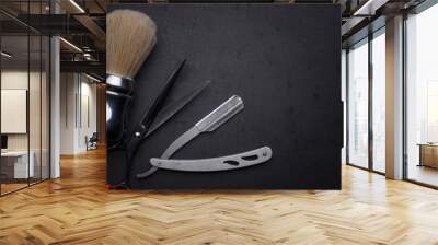 Vintage tools of barber shop on black background Wall mural