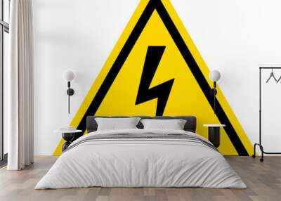 Warning sign. Dangerous electrical voltage icon. High voltage sign. Danger symbol. Black arrow isolated in yellow triangle on white background. Wall mural