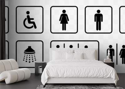 WC icons set. Toilet sign. Man, woman, mother with baby and handicapped silhouettes collection. Male and female restroom. Wall mural