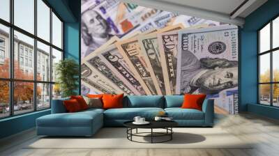 Collected American 1, 2, 5, 10, 20, 50 and 100 dollar bills Wall mural