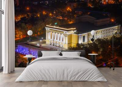 Night bird's eye view of the building of the Kazakh National Academic Opera and Ballet Theater built in 1941 in Almaty Wall mural