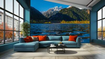 Picturesque mountain lake Issyk in the outskirts of the Kazakh city of Almaty on an autumn morning Wall mural