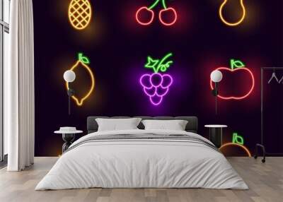 Neon Fruits Set Vector Illustration of Food Objects Wall mural